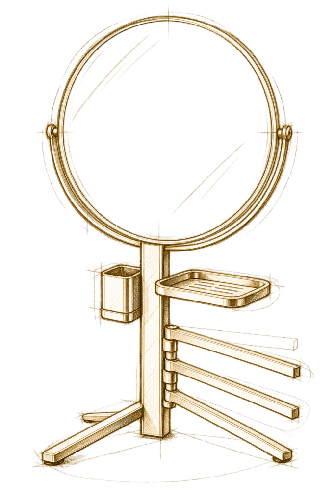 Technical study of a configurable tabletop mirror with storage and folding arms