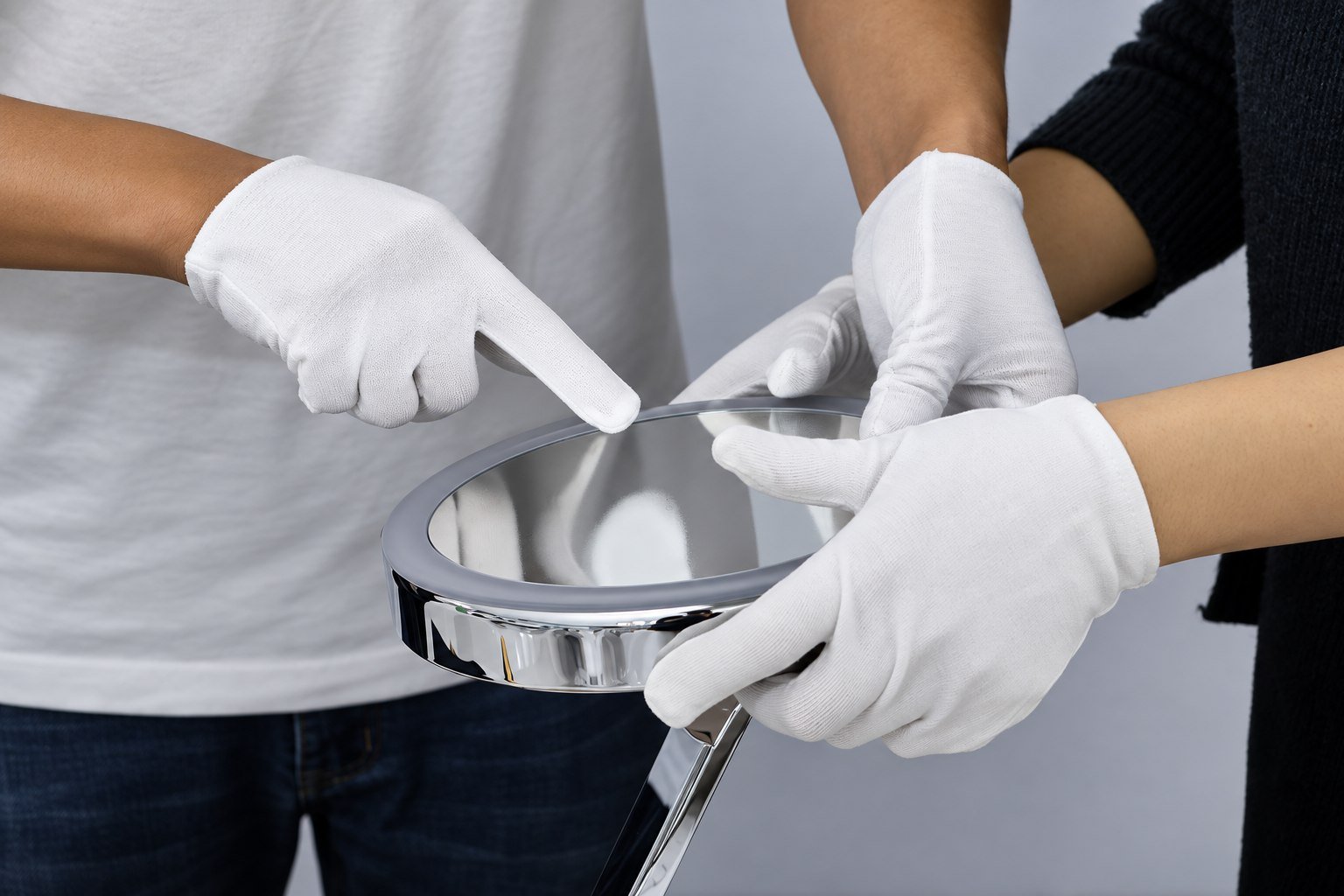 Gloved quality-control inspection of a SADHANA mirror head and stand